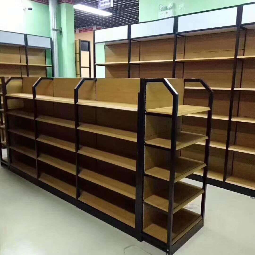 四柱木纹色超市货架便利店商场港货母婴文具玩具店展示架中岛展示