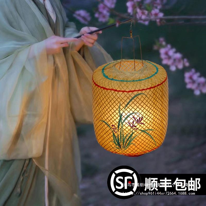 竹编油纸灯笼古风手提汉服手持物夜景拍照影视道具中式形发光灯罩
