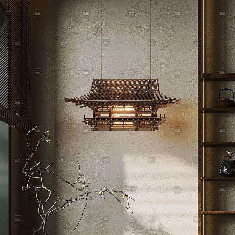 新中式木头阁楼吊灯房子灯设计师仿真古建筑样板房过道悬空吊灯