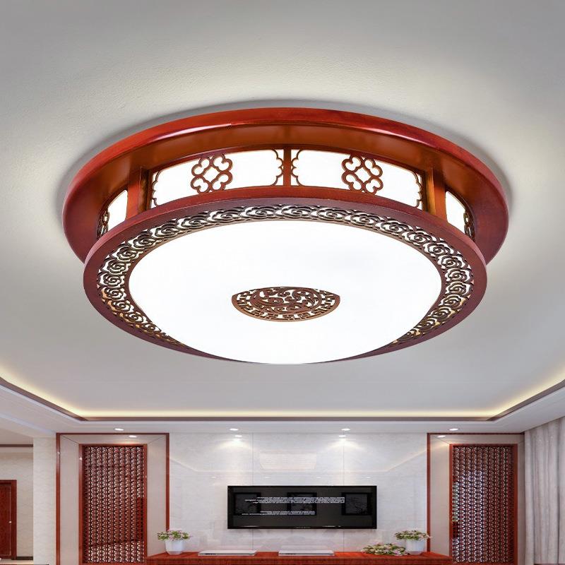 中式吸顶灯led实木卧室灯仿古圆形橡木书房走廊阳台灯具灯饰