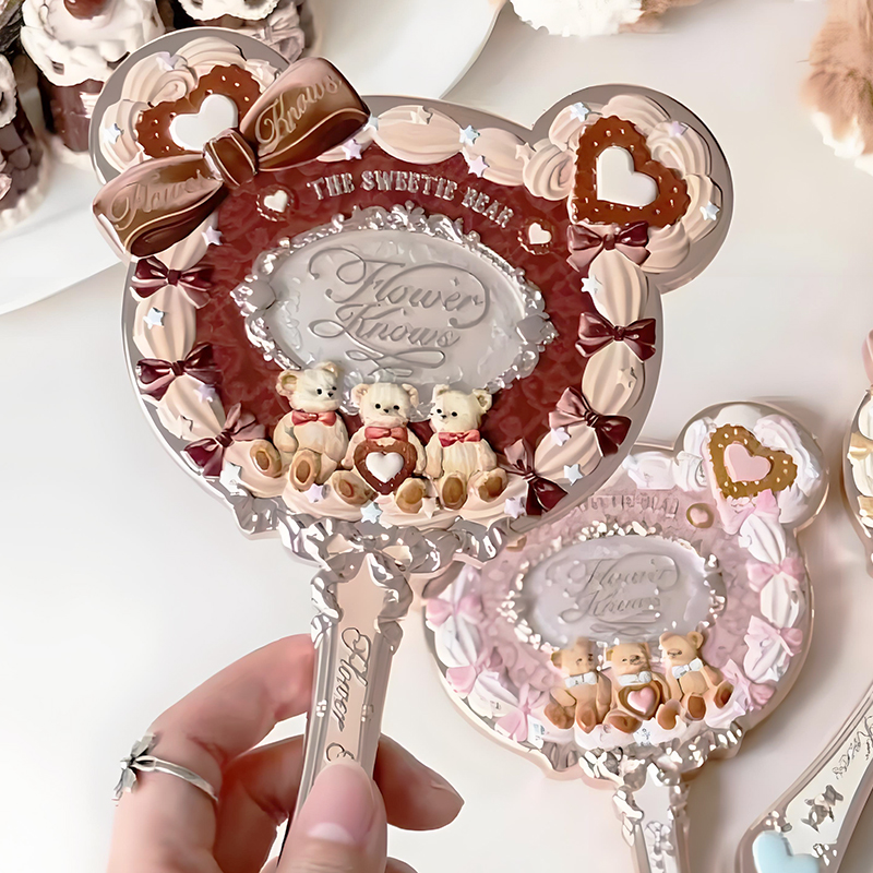 花知晓镜子甜美小熊手持镜化妆镜卡通爱心手柄便携文创周边梳妆镜
