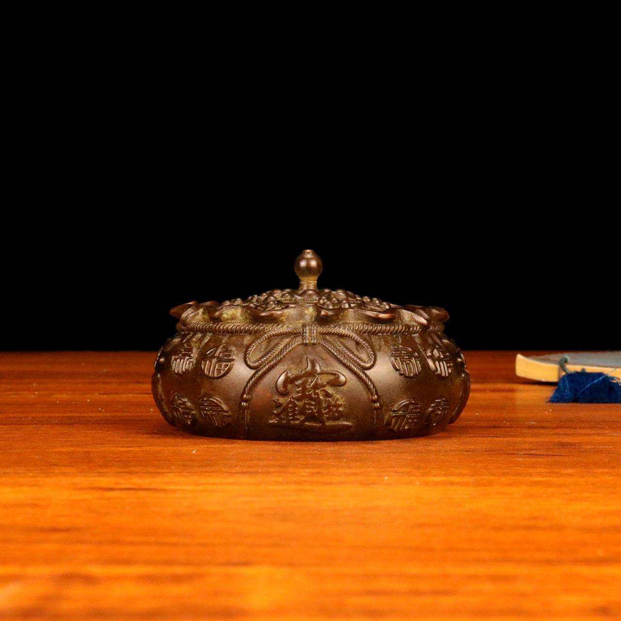 仿古福袋聚宝盆铜器摆件古玩烟灰缸家用招财进宝古董工艺品