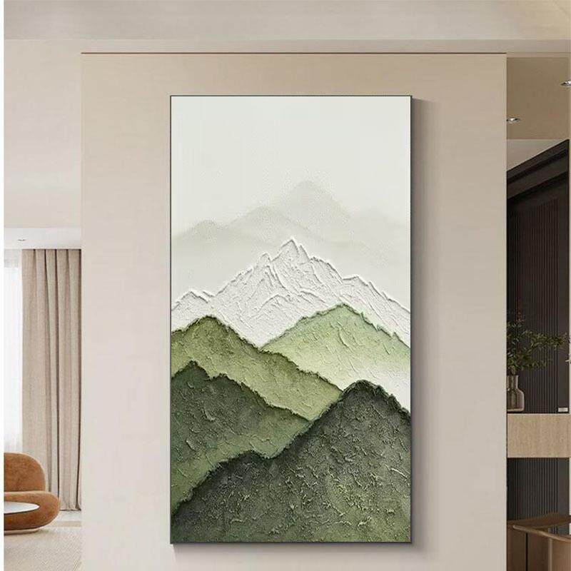 纯手绘油画背有靠山玄关入户装饰画绿色抽象山景走廊尽头立体挂画