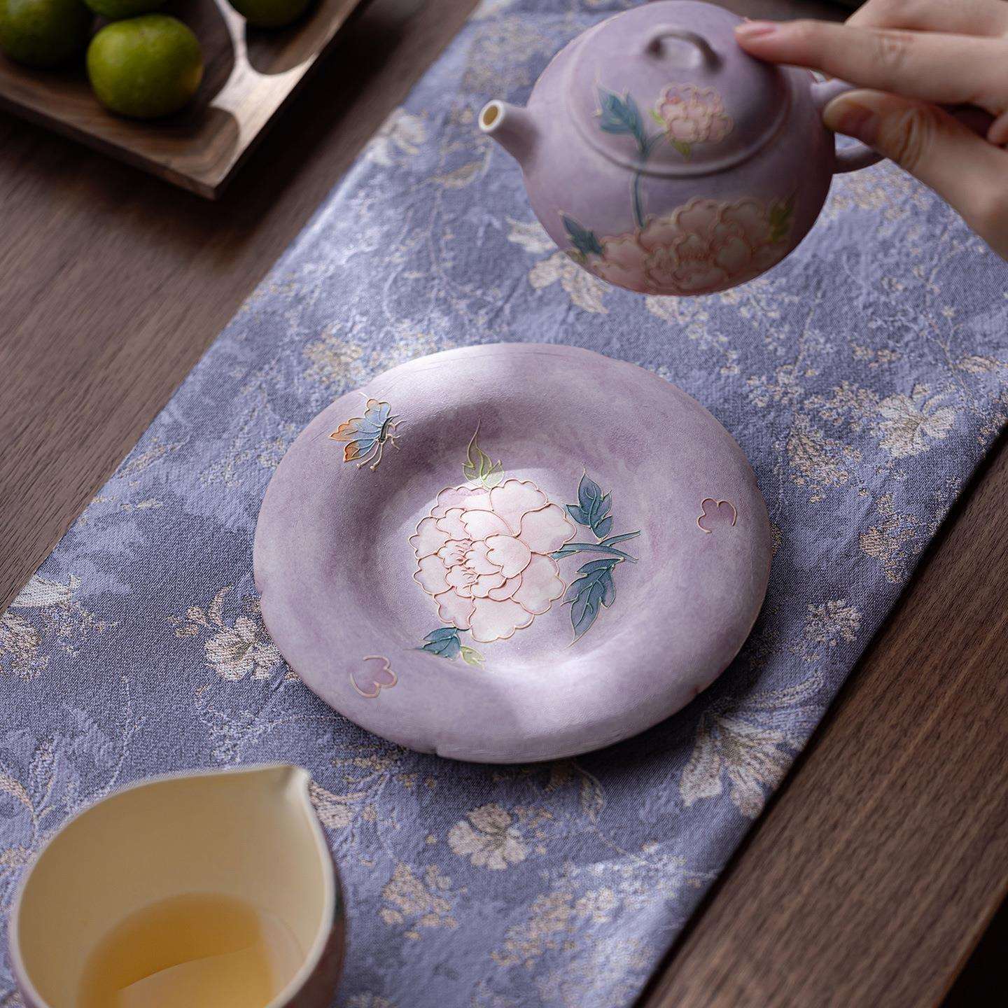 手绘堆雕牡丹圆形壶承干泡盘茶盘茶壶家用托盘茶台隔热盘茶具配件