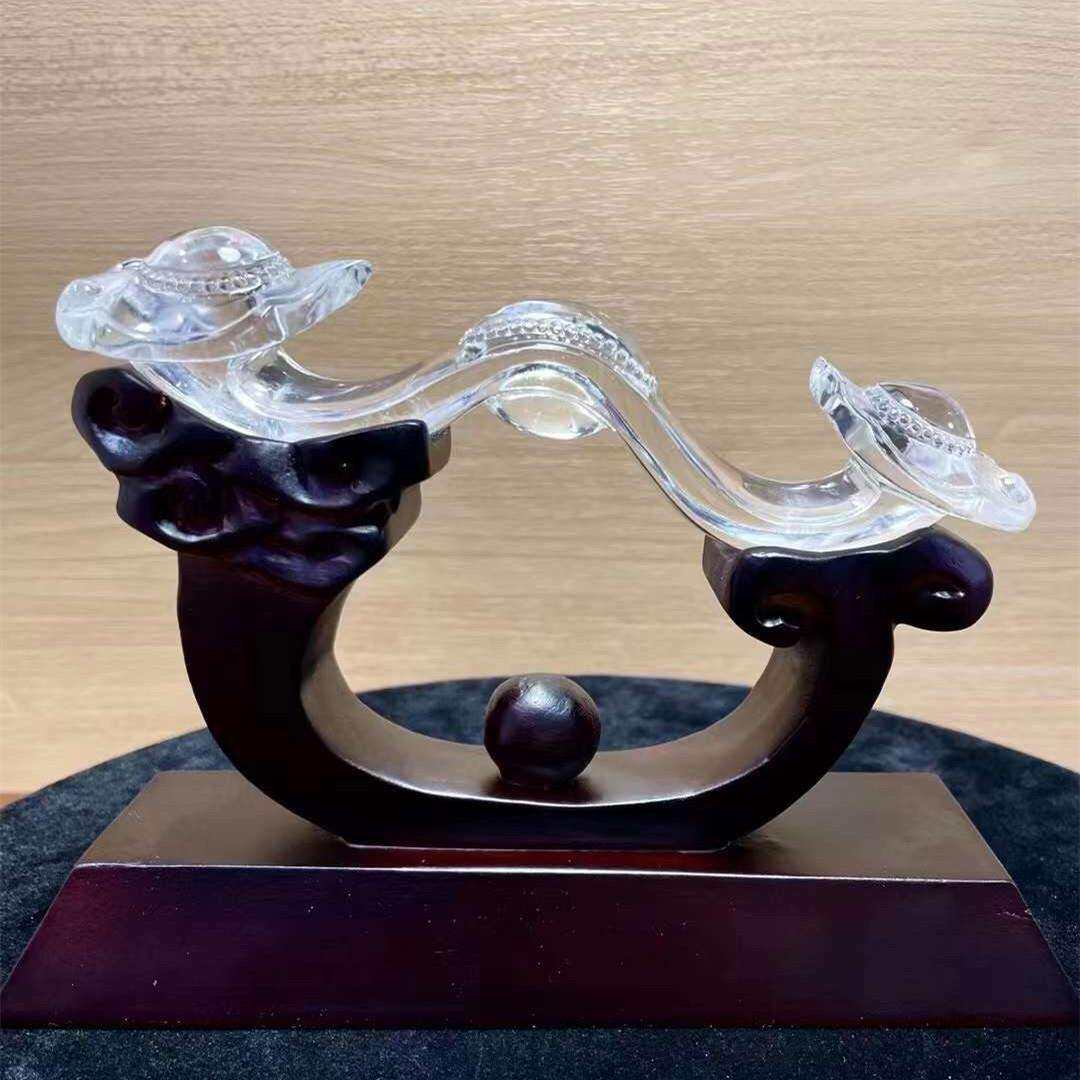 天然白水晶金发晶水晶如意元宝 水晶发晶原石雕刻如意摆件