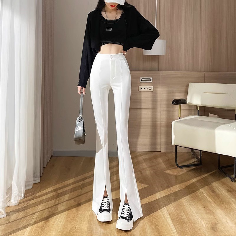 前开叉微喇叭女裤2024夏季薄款小个子白色弹力休闲裤冰丝垂感直筒