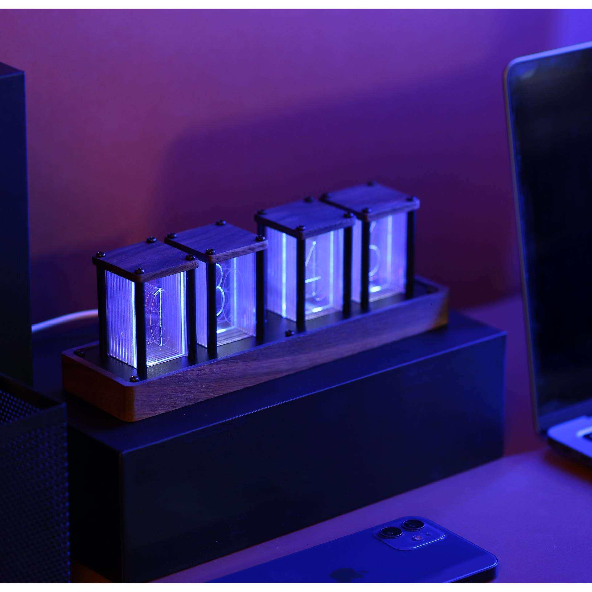 led数字闹钟辉光钟拟辉光管时钟免组装定时器木纹跨境新品