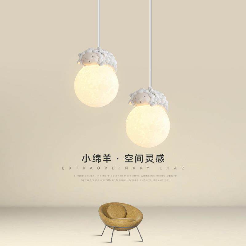 床头吊灯奶油风极简卡通可爱动物卧室灯新款创意月球儿童房吊线灯
