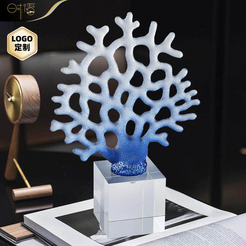 树脂渐变珊瑚发财树装饰摆件轻奢水晶客厅玄关高级感家居饰品