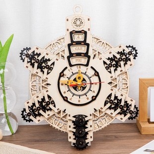 3D木质立体拼图手工万年历木制拼装时钟手工制作机械传动模型玩具