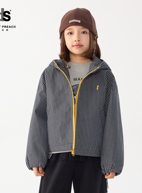 IDS童装连帽梭织外套小朋友保暖宽松撞色拉链复古格纹棉服