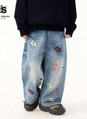 IDS童装牛仔裤小朋友卡通图案刺绣钉珠水洗复古做旧阔腿牛仔长裤