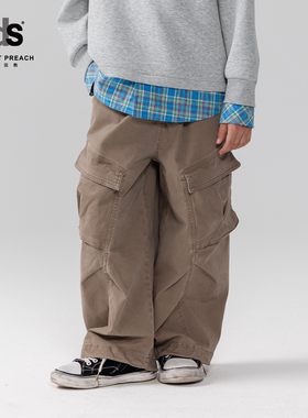 IDS童装工装长裤百搭女孩美式复古脚口松紧抽绳男孩宽松直筒长裤