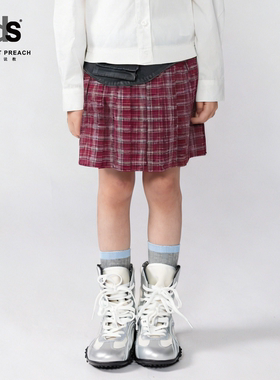 IDS童装半身裙小朋友复古朋克短裙拼接腰带金属扣高腰格纹百褶裙