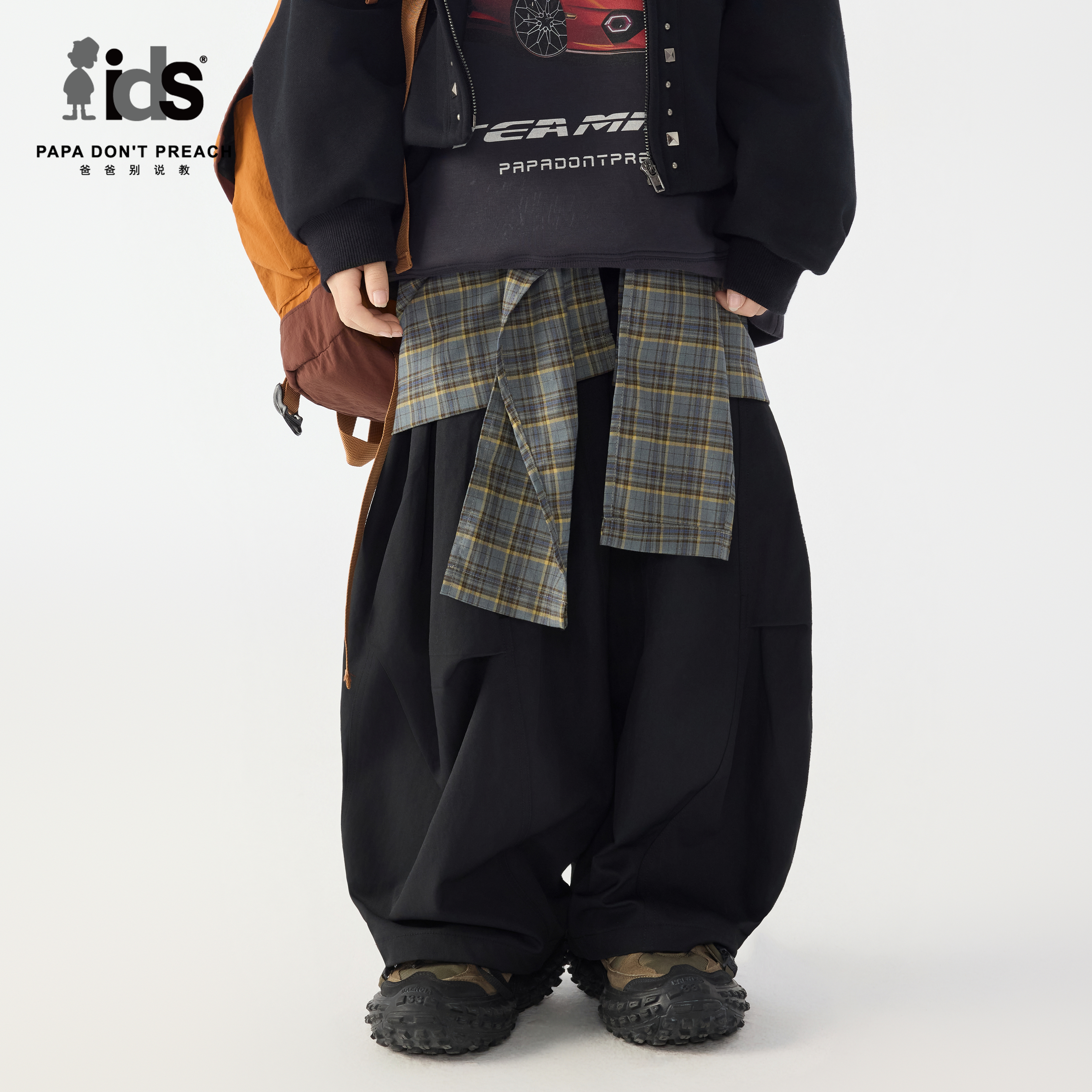 IDS童装格纹拼接阔腿长裤