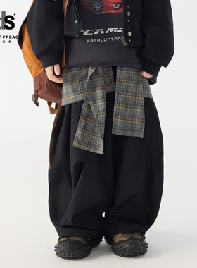 IDS童装梭织长裤小朋友宽松潮酷街头风假两件格纹拼接阔腿裤