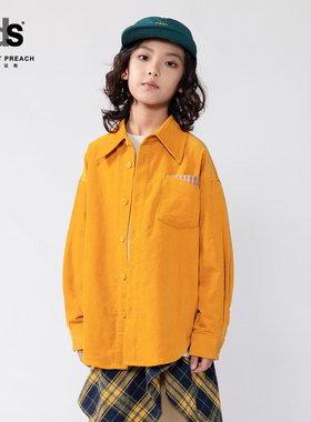 IDS童装梭织衬衫小朋友复古格纹拼接口袋百搭灯芯绒翻领长袖衬衫