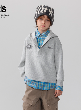 IDS童装连帽卫衣休闲男孩秋冬保暖舒适女孩拼接假两件上衣