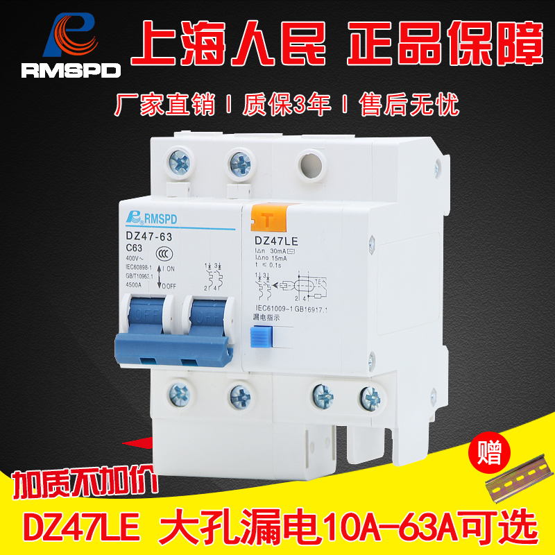 人民漏电保护器出线大孔断路器DZ47LE2P 63A家用总闸漏保空气开关