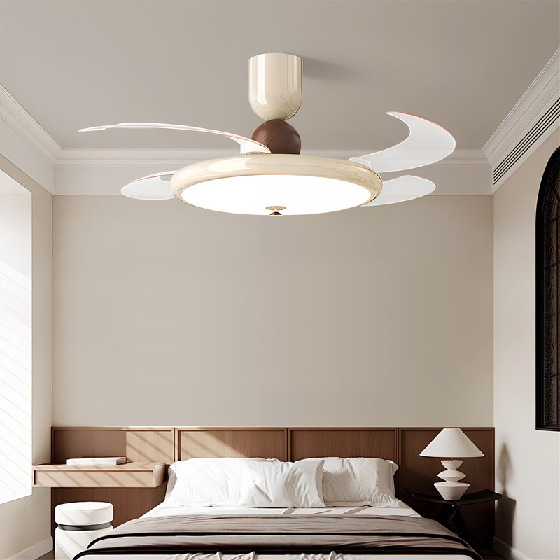 奶油风吊扇灯饭厅卧室胡桃木色吊扇灯新款覆古隐形中古风吸顶灯具