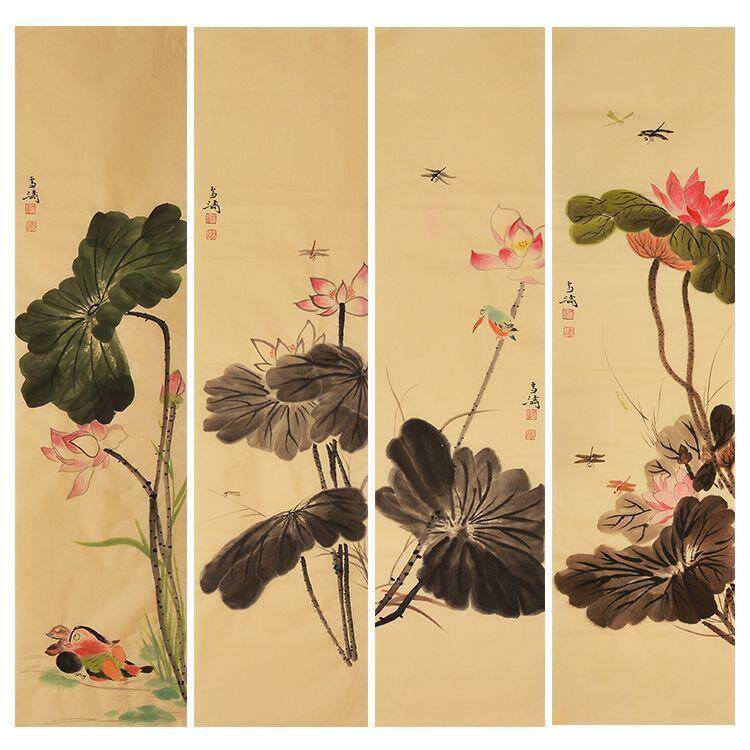 纯手绘王雪涛写意荷花条屏装饰画国画水墨画办公室画壁画山水画