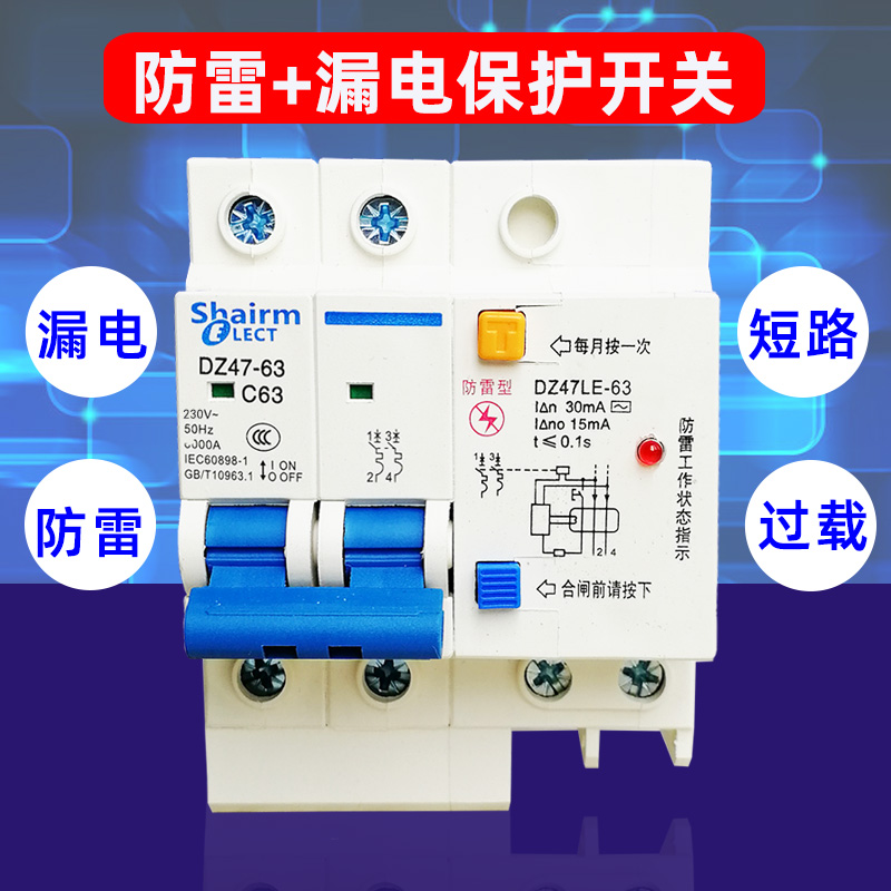 防雷漏电断路器2P空气开关带漏电保护漏保热水空调DZ47LE-63A家用