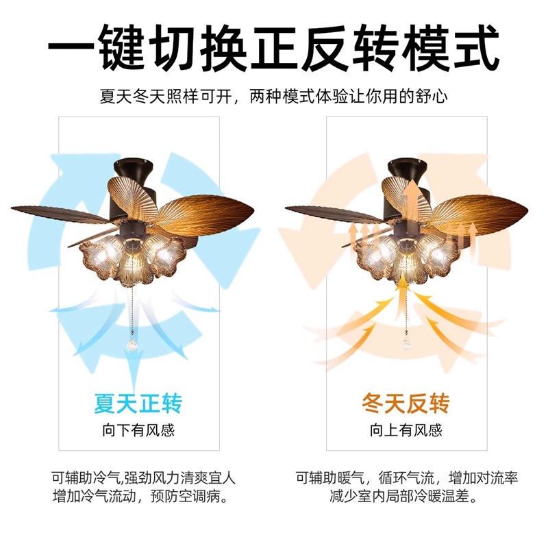 法式中古风扇吊灯2025新款美式复古南洋风餐厅卧室房间一体吊扇灯