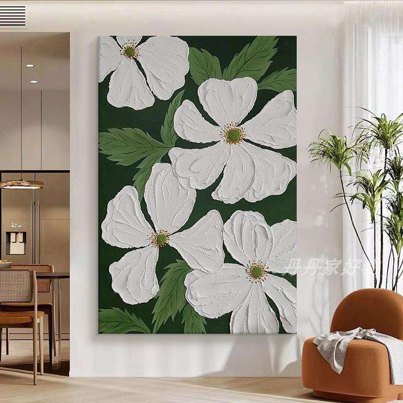 立体抽象白色花卉手绘油画客厅大幅落地装饰画玄关卧室厚肌理挂画