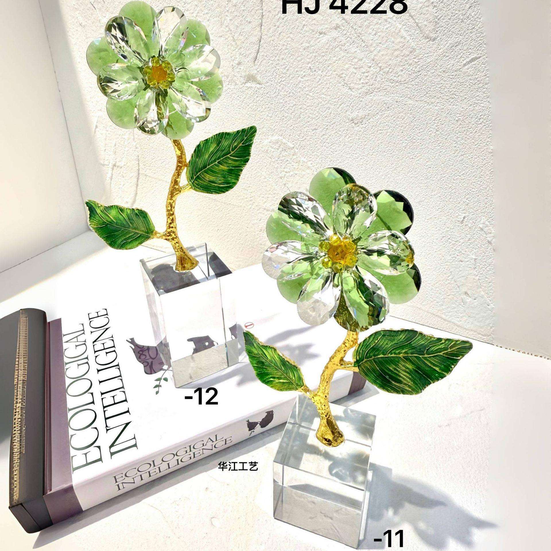 现代金属叶子鲜花水晶底座桌面装饰摆件 轻奢风水晶花朵软装摆设