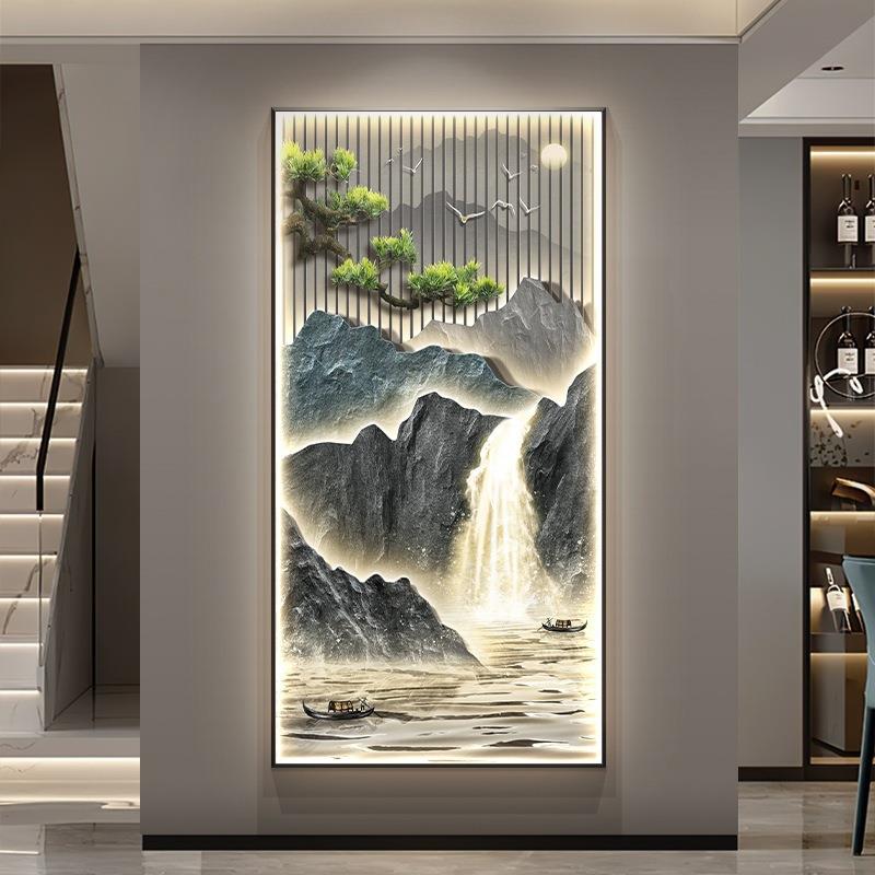 装饰画挂画入户门壁画走廊中式竖版过生财流水道新山水画玄关客厅