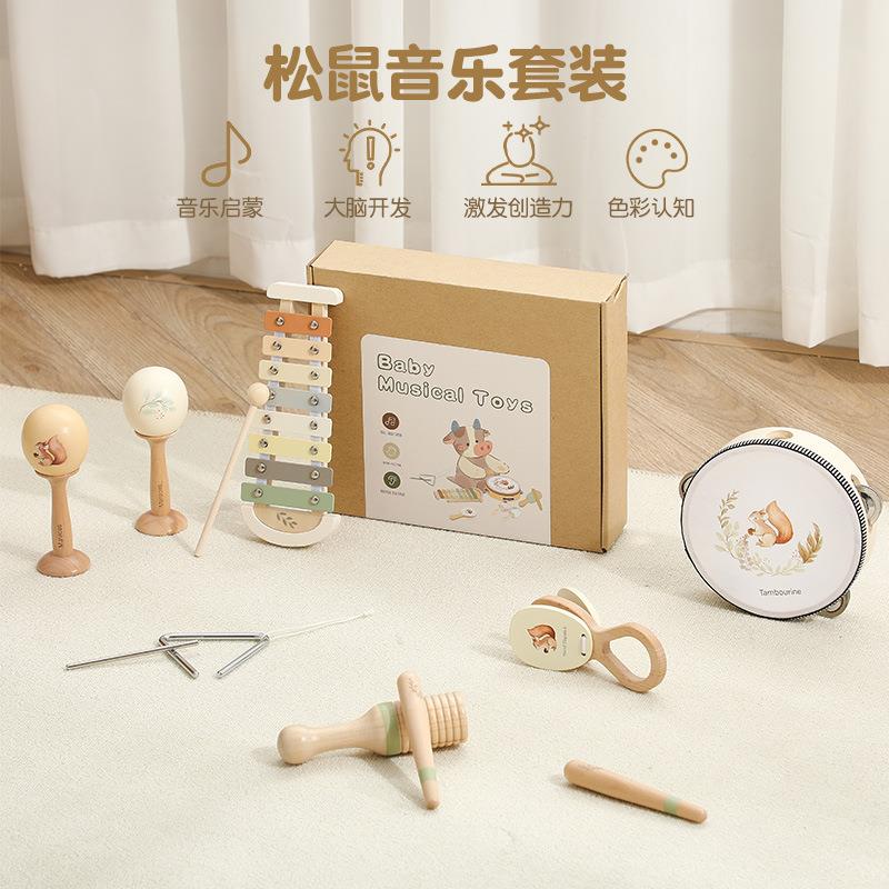木质儿童早教益智乐器动物松鼠图案敲琴敲鼓沙锤音乐套装摇铃跨境