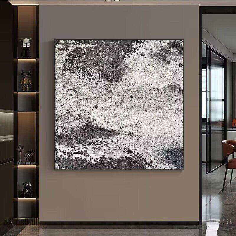 纯手绘油画黑白灰色正方形客厅装饰画极简意式砂岩立体样板房挂画