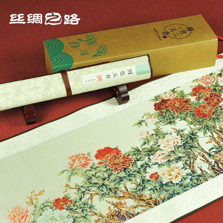 国色天香真丝织锦画 丝绸卷轴画源头厂家 传统风水画 企业商务礼