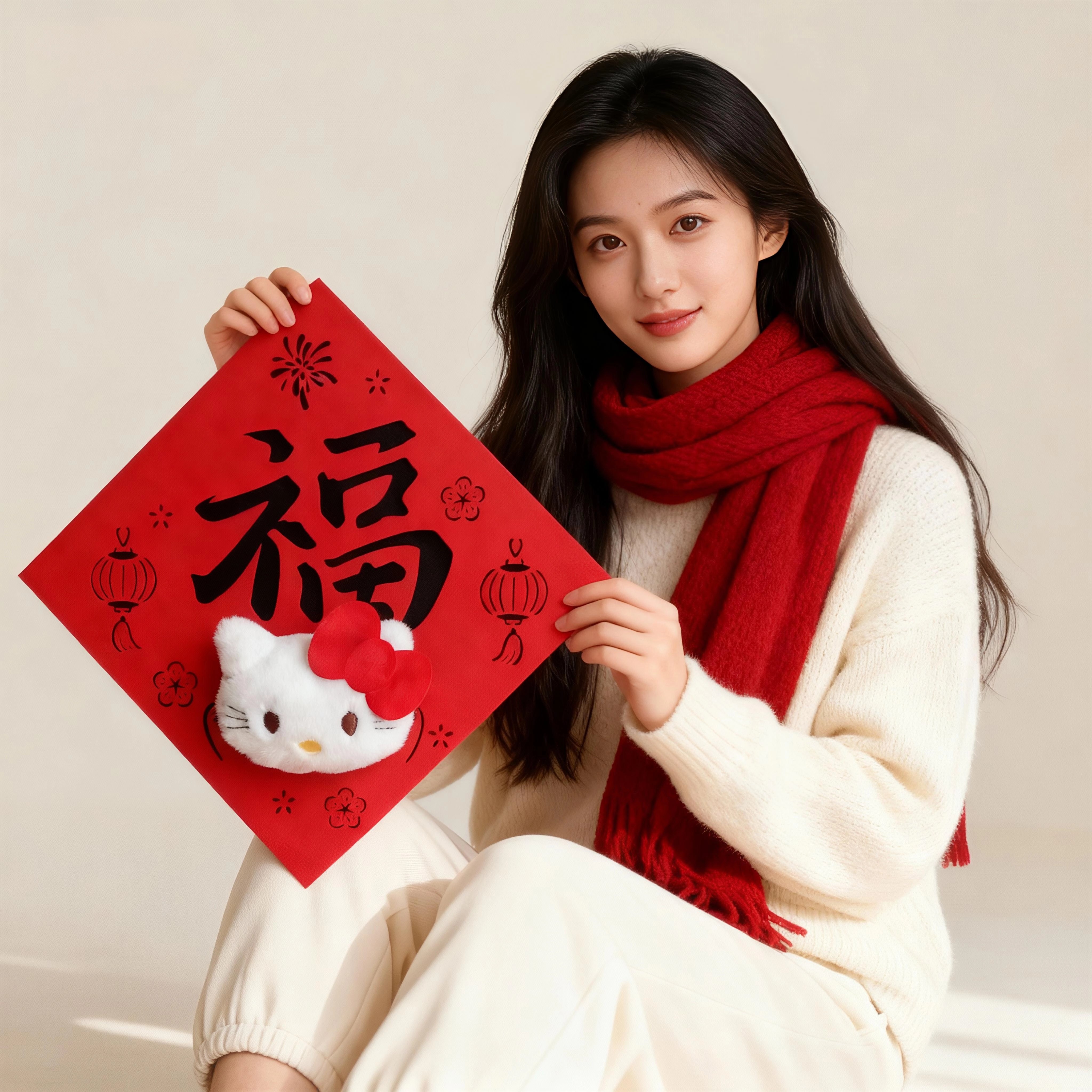 HelloKitty毛绒公仔立体福字门贴卡通无纺布春联磁吸春节大门珲春