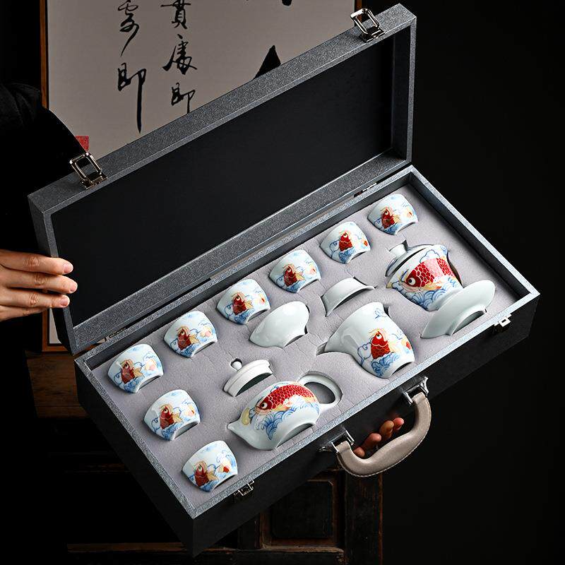 中国白手绘茶具套装高档羊脂玉茶具轻奢送礼盖碗白瓷茶具家用