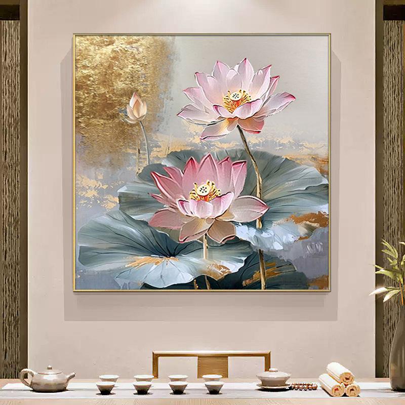 手绘油画荷花餐厅装饰画卧室床头壁画东南亚泰式立体金箔玄关挂画