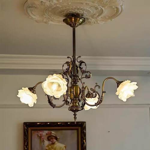 法式全铜吊灯 洛可可中古风餐厅吊灯vintage古典客厅卧室浪漫吊灯