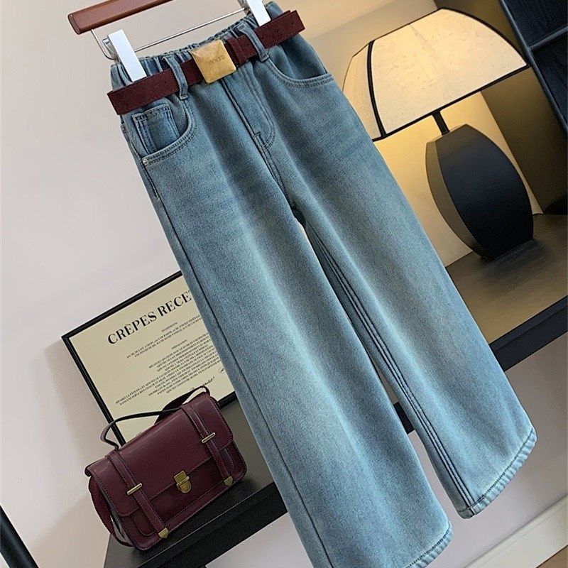 女童直筒加绒牛仔裤阔腿裤冬中大童装一体绒休闲长裤喇叭百搭宽松