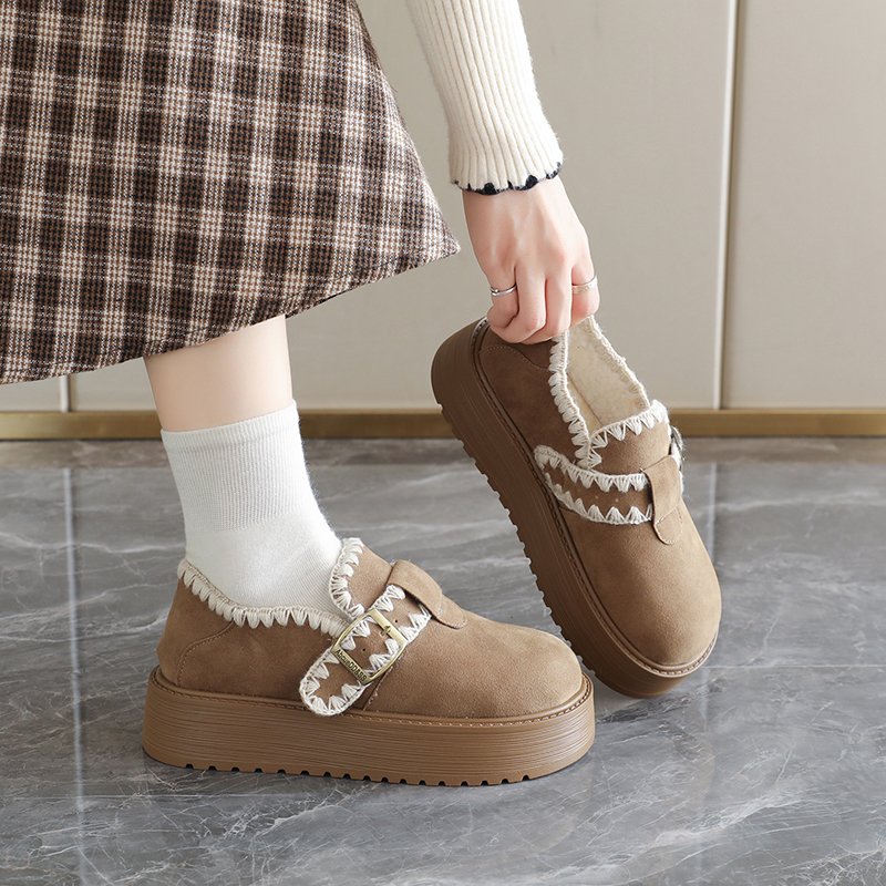 厚底加绒勃肯鞋女2025新款冬季保暖棉鞋宽胖脚孕妇一脚蹬雪地靴