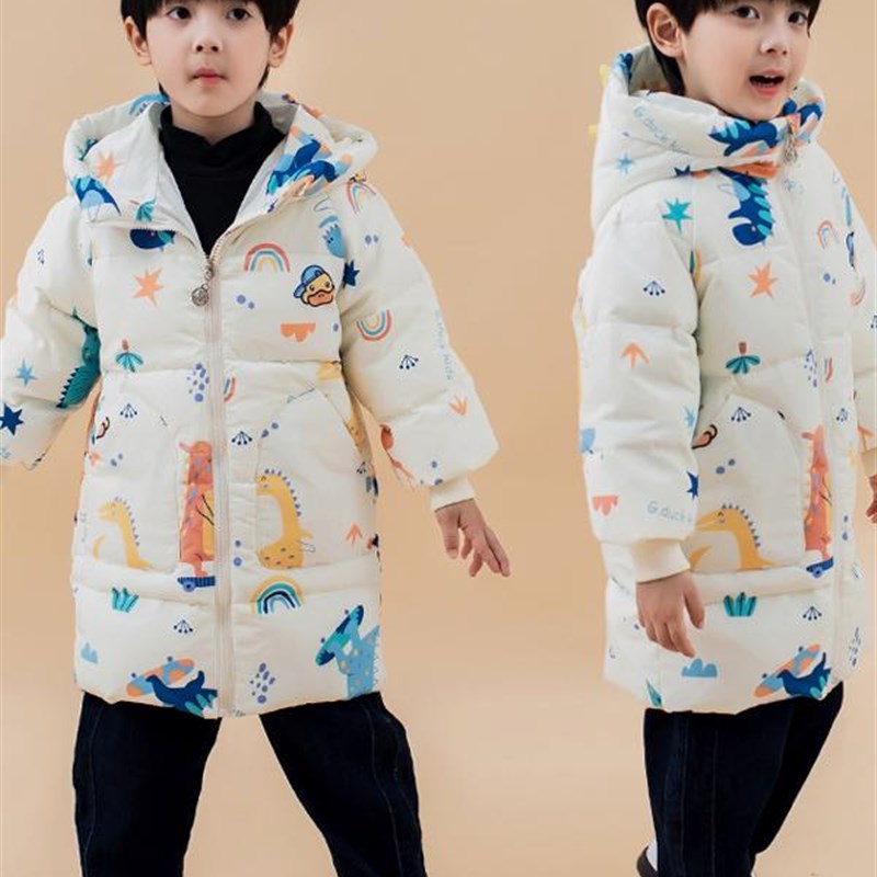 小黄鸭中大童儿童羽绒服2025新款男童连帽中长款女童冬季加厚外套