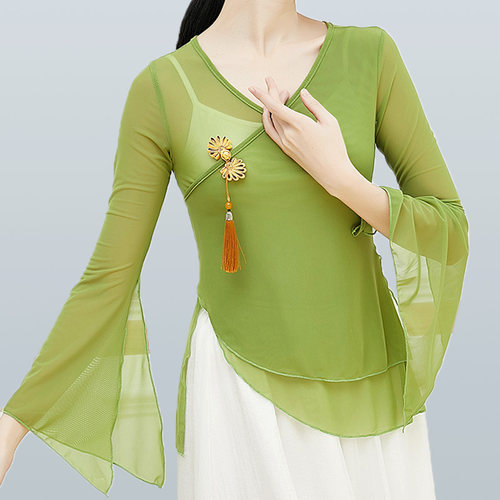 古典舞新款身韵飘逸纱衣演出服女中国风仙女开叉喇叭袖舞蹈上衣女