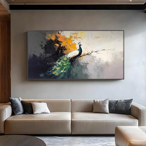 2025新款孔雀客厅装饰画抽象高档大芬村油画轻奢餐厅挂画横款壁画