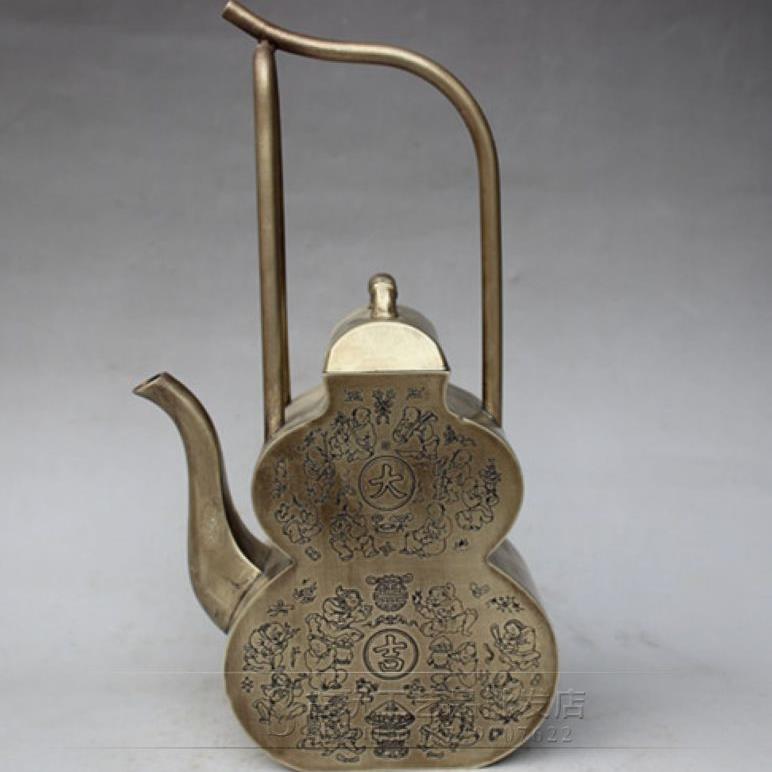 做旧古玩铜器 复古摆饰白铜鎏银葫芦形手提茶壶 做旧杂件摆件