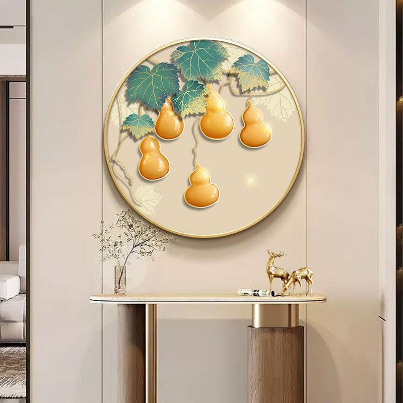 新中式入户玄关装饰画圆形五副临门福禄走廊过道挂画轻奢餐厅壁画