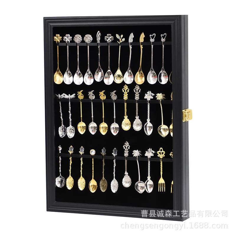 跨境新款悬挂勺子收藏展示盒木质三层勺子展示框勺子亚克力陈列柜