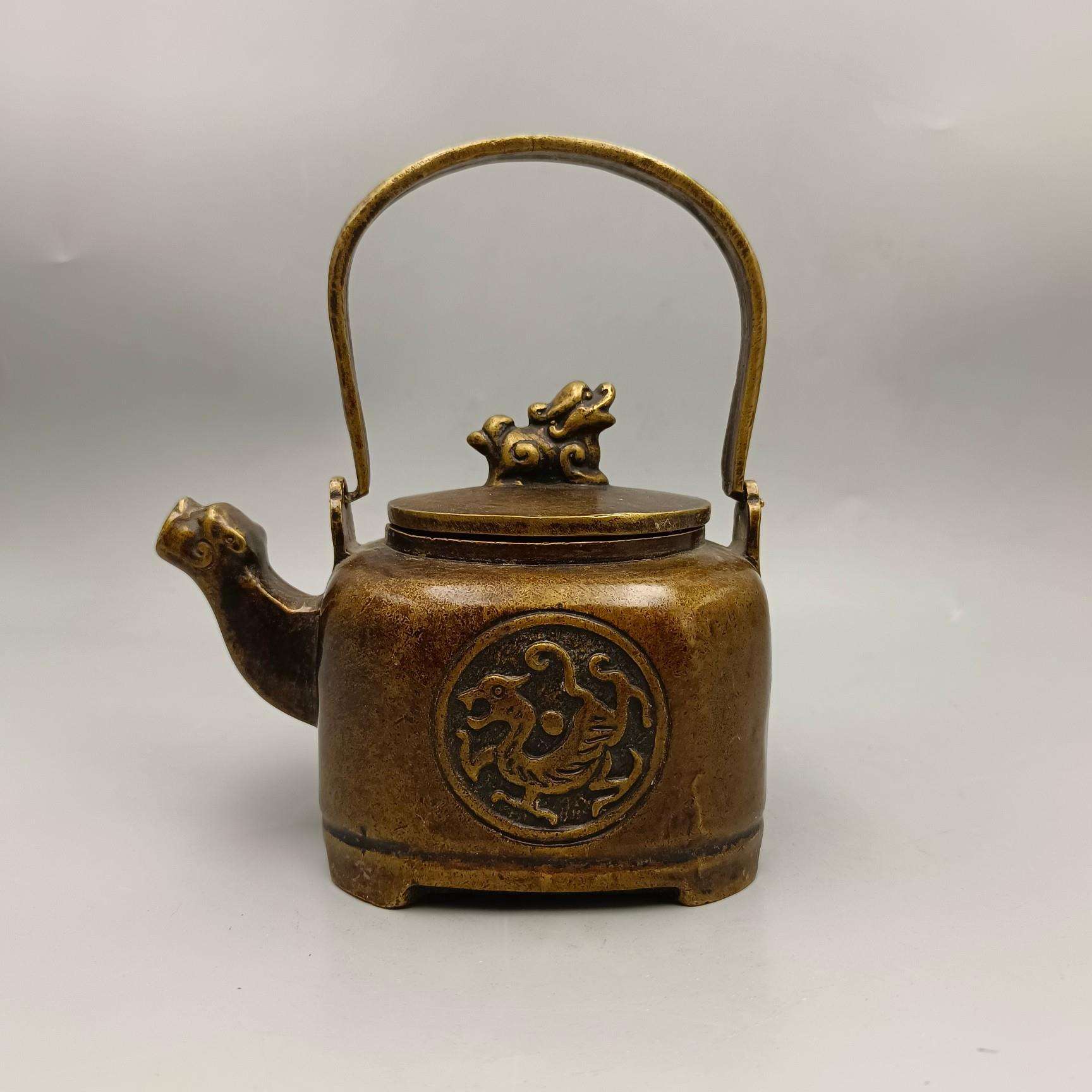 仿古龙戏珠貔貅盖铜酒壶 古玩铜器收藏铜摆件 家居装饰工艺品
