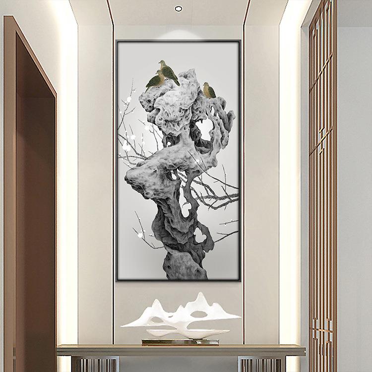 新中式装饰画酒店客房大幅竖版挂画设计师画石鸟图客厅玄关抽象画
