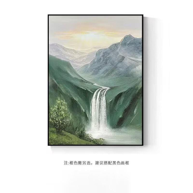 手绘油画高山流水风景装饰画客厅玄关走廊立体挂画山脉雪山酒店画
