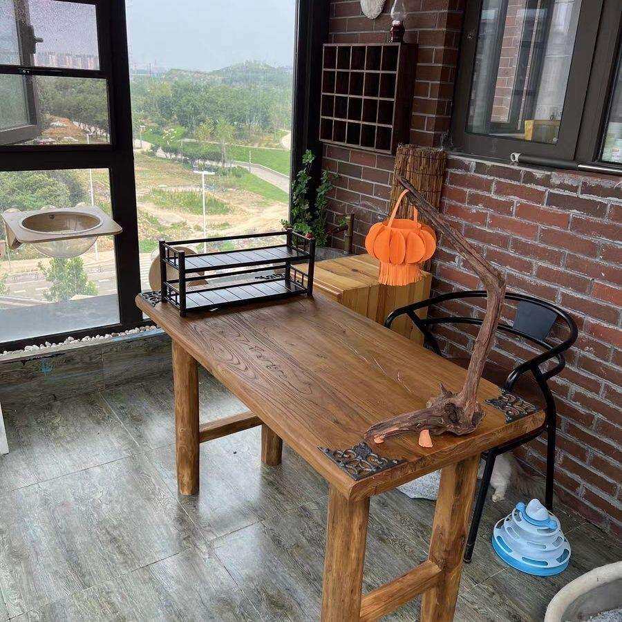 老榆木茶桌新中式原木风化老门板餐桌家用书桌长桌椅实木茶桌