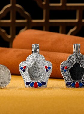 S925银吊坠藏传十字杵珐琅彩嘎乌盒个性名族风纯银吊坠配饰项链礼